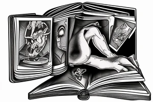 a man falls out of an open book and an open laptop in the fetal position tattoo idea