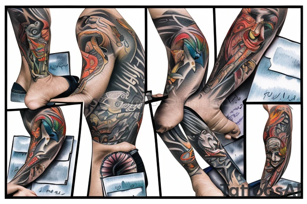 a man falls out of an open book and an open laptop in the fetal position tattoo idea