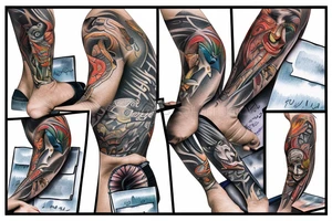 a man falls out of an open book and an open laptop in the fetal position tattoo idea
