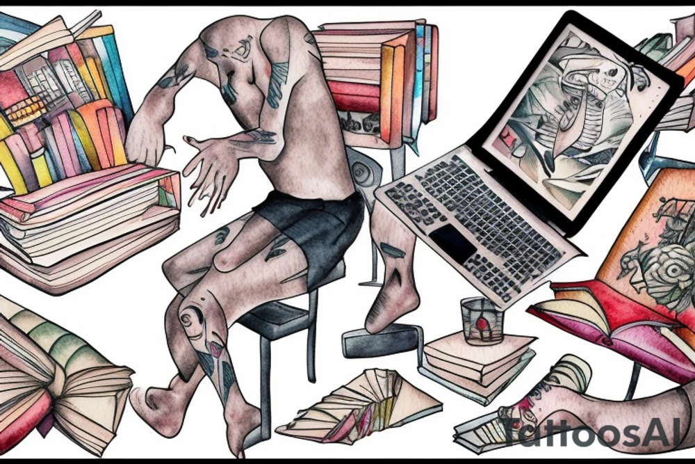 a man falls out of an open book and an open laptop in the fetal position tattoo idea
