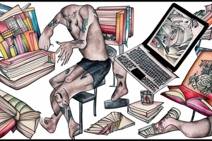 a man falls out of an open book and an open laptop in the fetal position tattoo idea