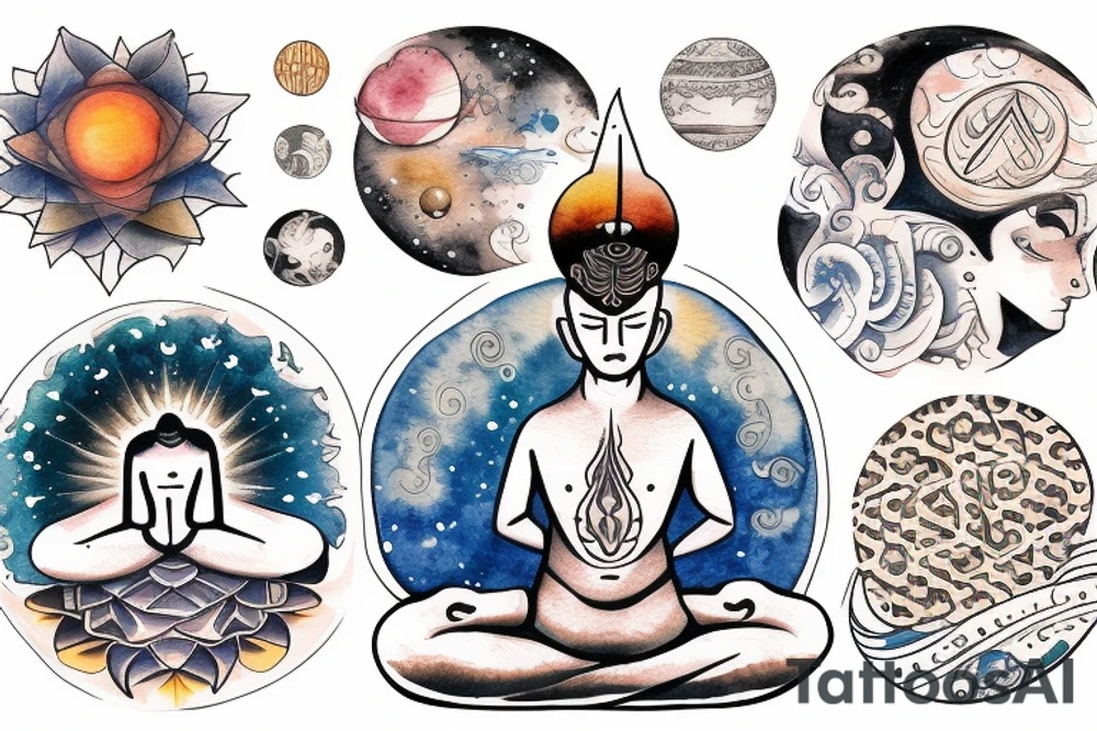 a man meditates in the lotus position, with a halo of planets above his head tattoo idea
