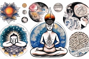 a man meditates in the lotus position, with a halo of planets above his head tattoo idea