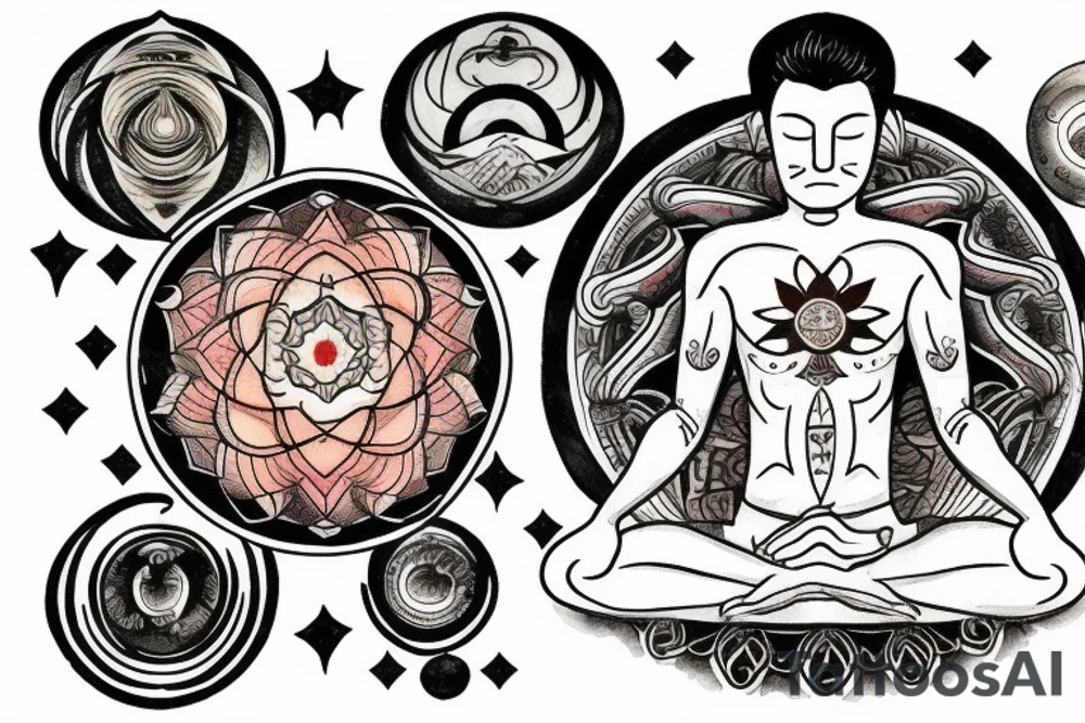 a man meditates in the lotus position, with a halo of planets above his head tattoo idea