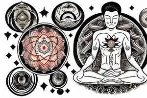 a man meditates in the lotus position, with a halo of planets above his head tattoo idea