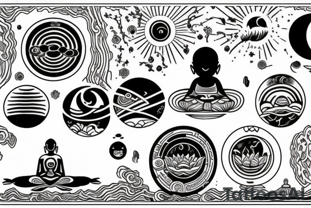 a man meditates in the lotus position, with a halo of planets above his head tattoo idea
