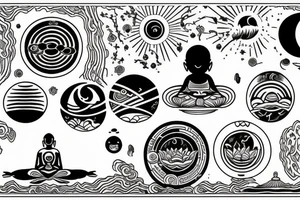 a man meditates in the lotus position, with a halo of planets above his head tattoo idea
