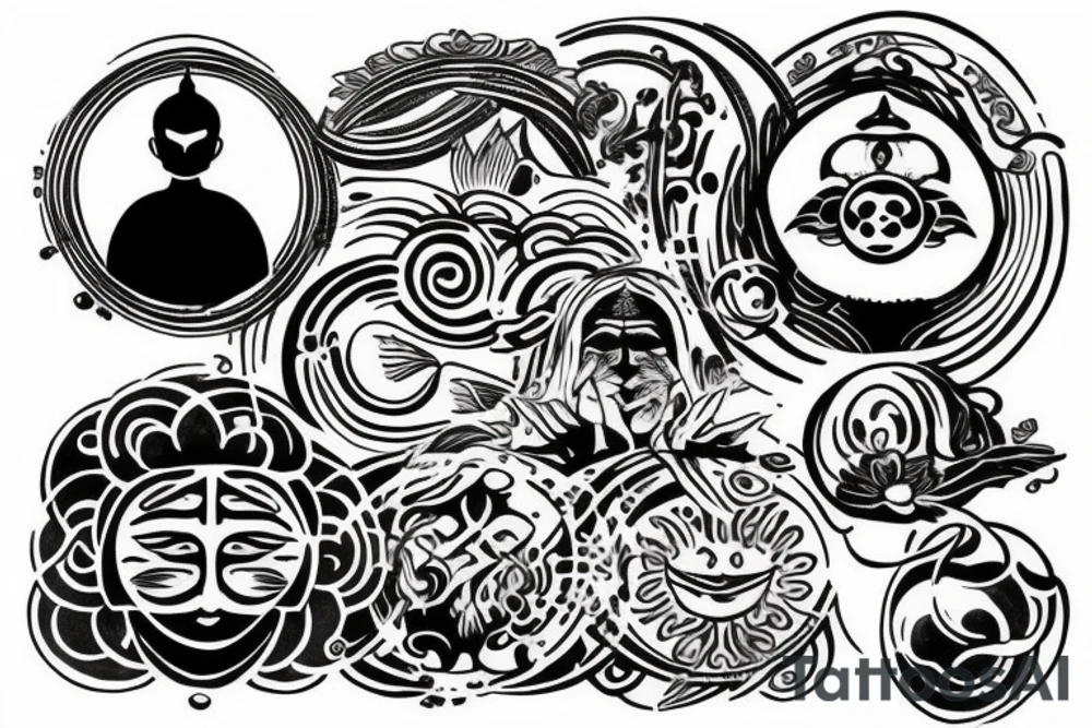 a man meditates in the lotus position, with a halo of planets above his head tattoo idea