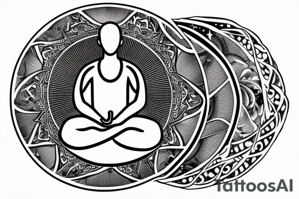 a man meditates in the lotus position, with a halo of planets above his head tattoo idea