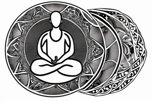 a man meditates in the lotus position, with a halo of planets above his head tattoo idea