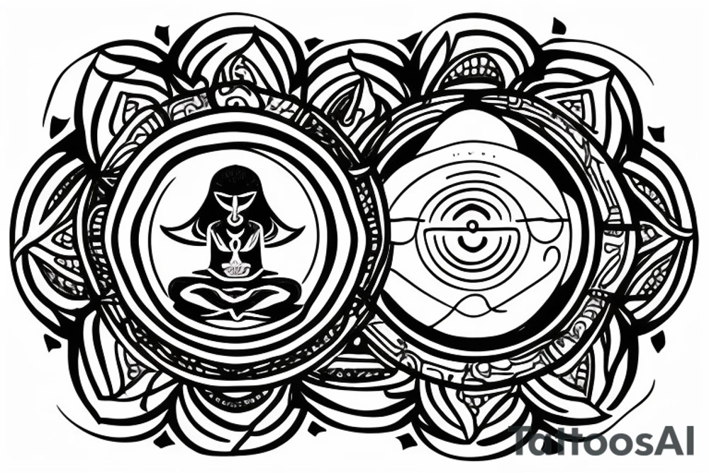 a man meditates in the lotus position, with a halo of planets above his head tattoo idea