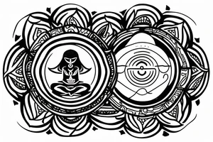 a man meditates in the lotus position, with a halo of planets above his head tattoo idea