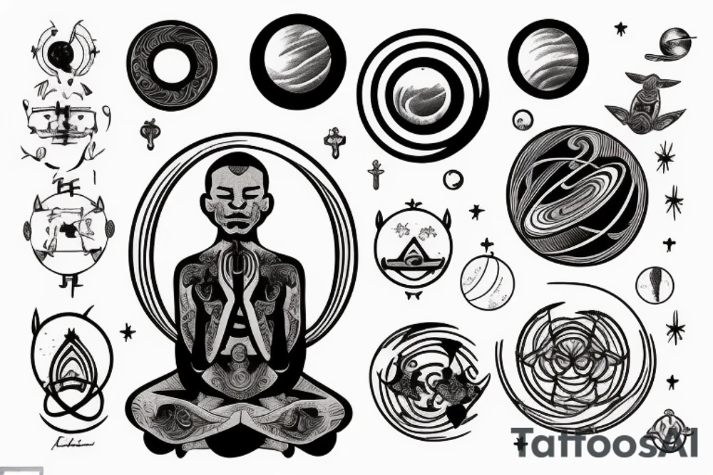 a man is meditating, and above his head is a halo of planets tattoo idea