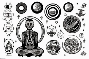 a man is meditating, and above his head is a halo of planets tattoo idea