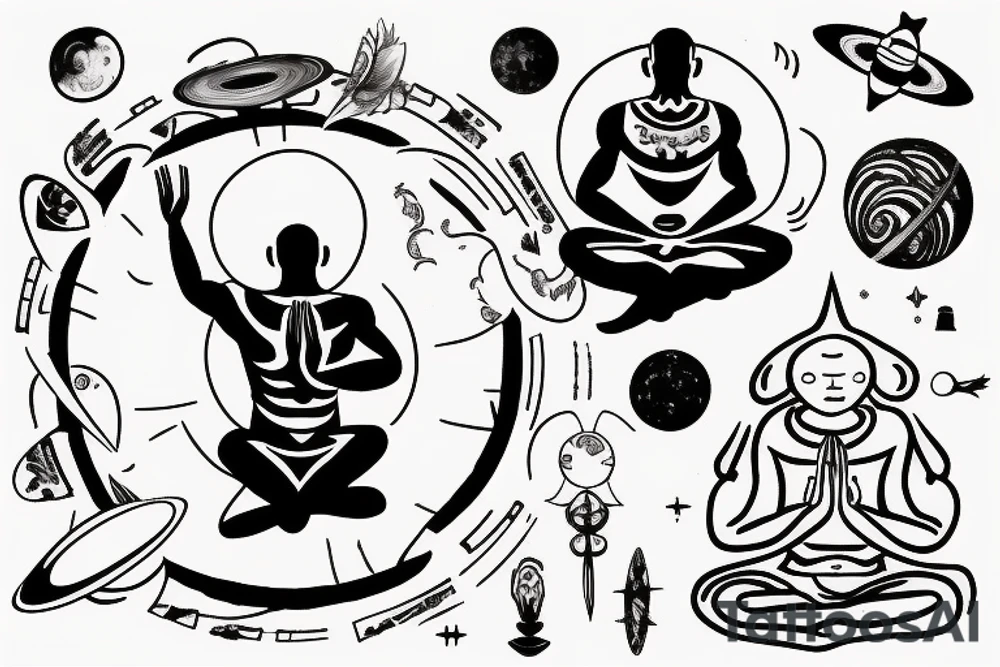 a man is meditating, and above his head is a halo of planets tattoo idea