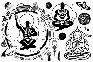a man is meditating, and above his head is a halo of planets tattoo idea