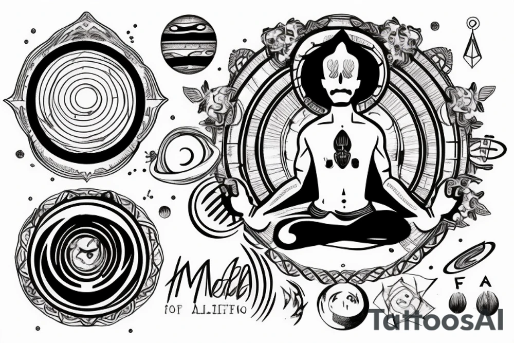 a man is meditating, and above his head is a halo of planets tattoo idea