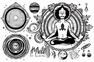 a man is meditating, and above his head is a halo of planets tattoo idea