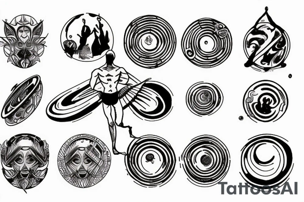 a man is meditating, and above his head is a halo of planets tattoo idea