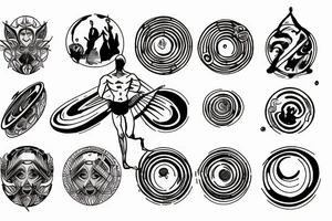 a man is meditating, and above his head is a halo of planets tattoo idea