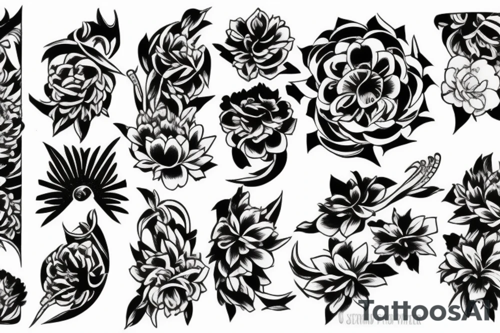 Detailed samurai flower background tattoo idea