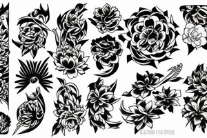 Detailed samurai flower background tattoo idea