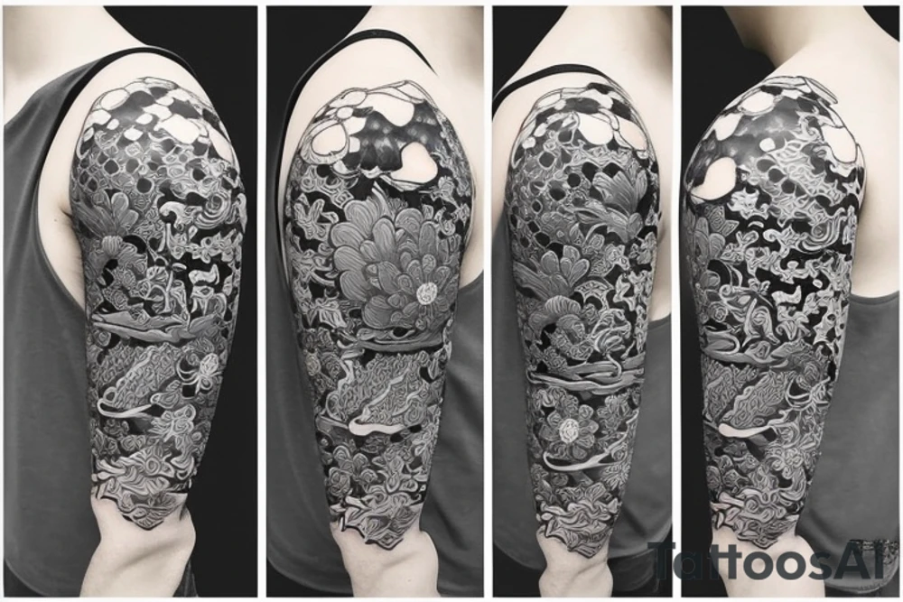 Detailed samurai flower background tattoo idea