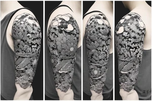Detailed samurai flower background tattoo idea