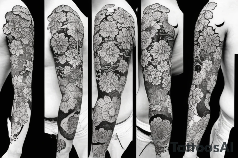 Detailed samurai flower background  sleeve tattoo idea