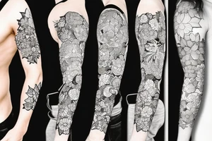 Detailed samurai flower background  sleeve tattoo idea