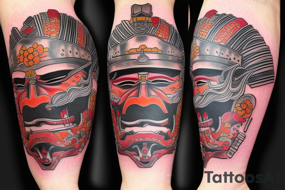 Detailed samurai mask tattoo idea