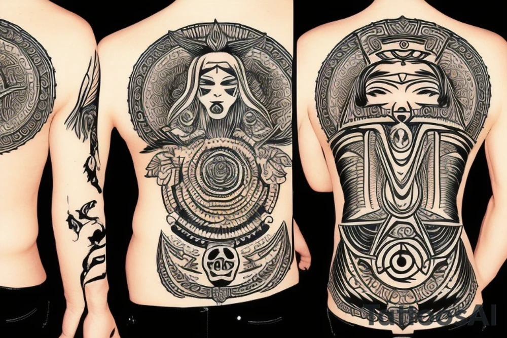Black totem idol sleeve tattoo idea