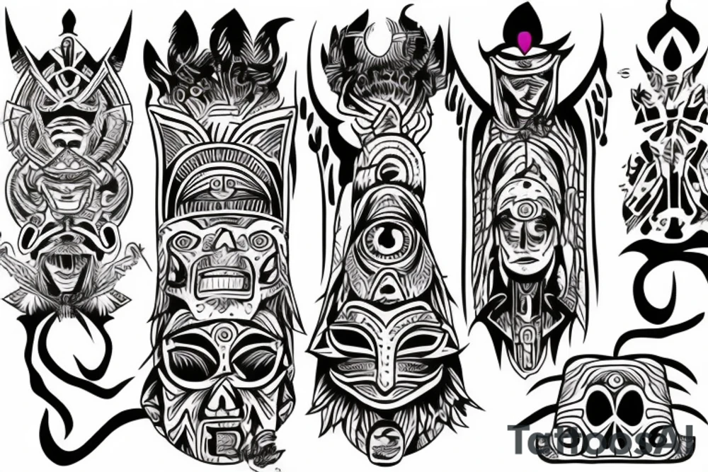 Black totem idol sleeve tattoo idea