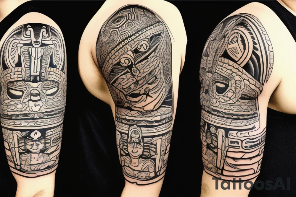 Black totem idol sleeve tattoo idea
