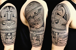 Black totem idol sleeve tattoo idea