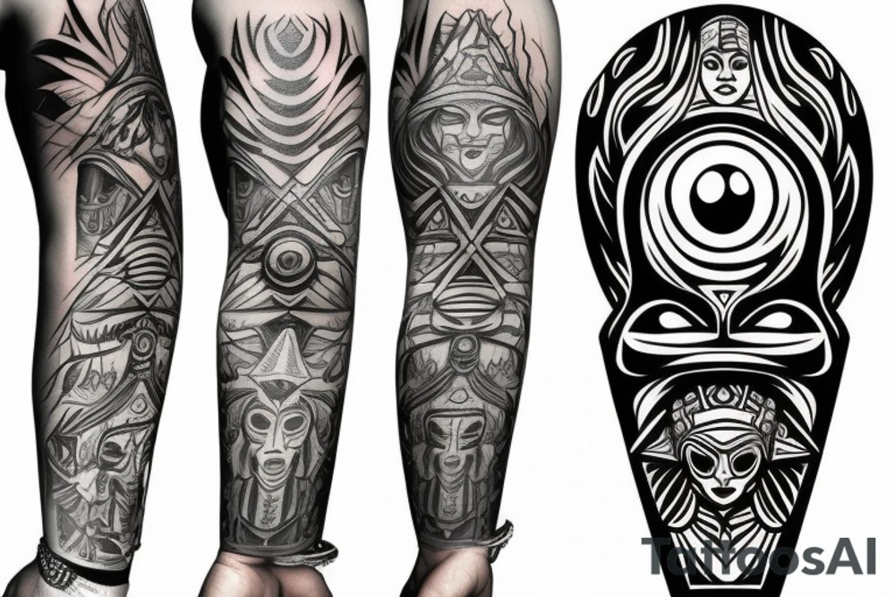 Black totem idol sleeve tattoo idea