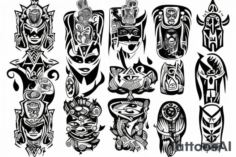 Black totem idol sleeve tattoo idea