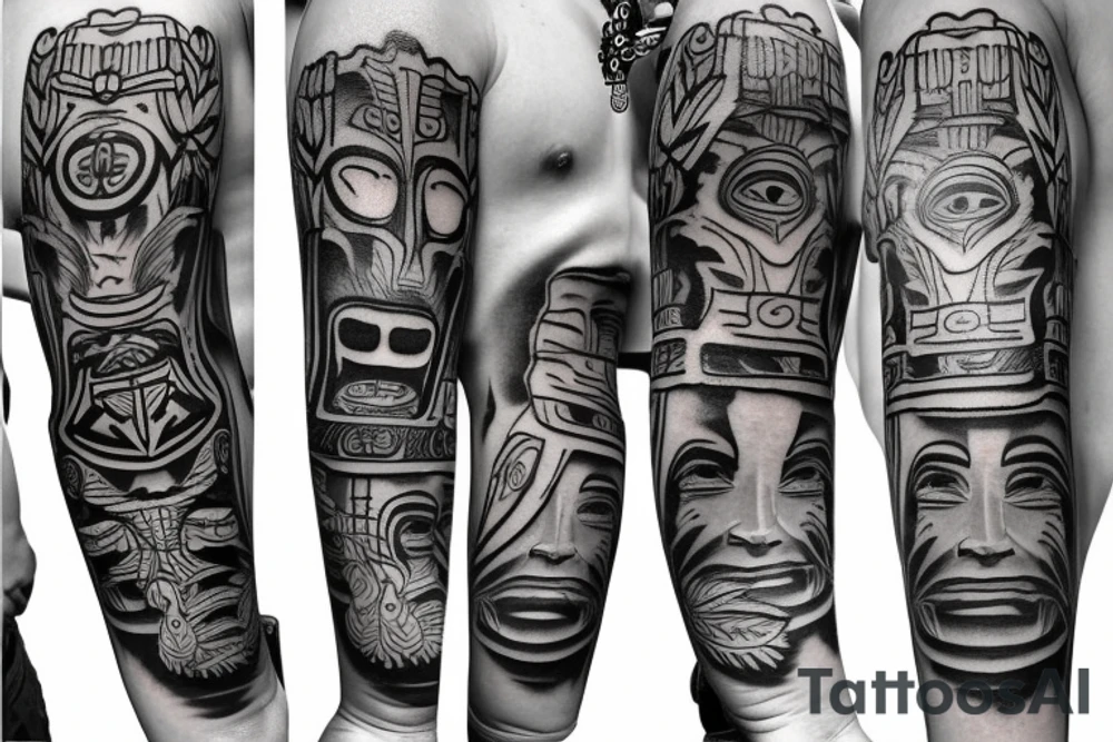 Black totem idol sleeve tattoo idea