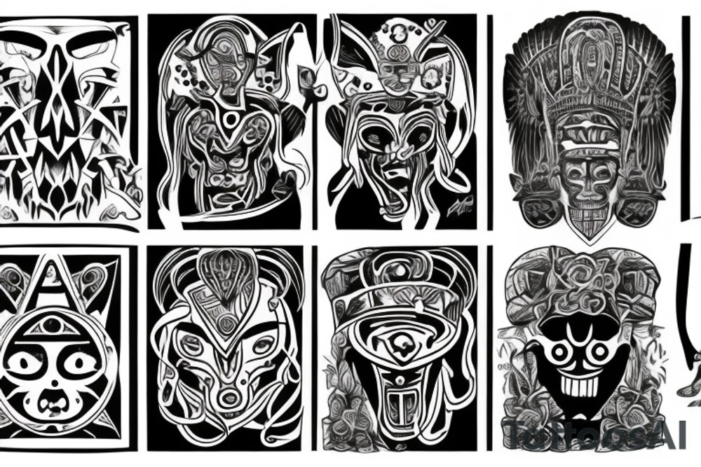 Black totem idol sleeve tattoo idea
