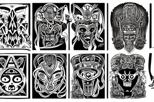 Black totem idol sleeve tattoo idea
