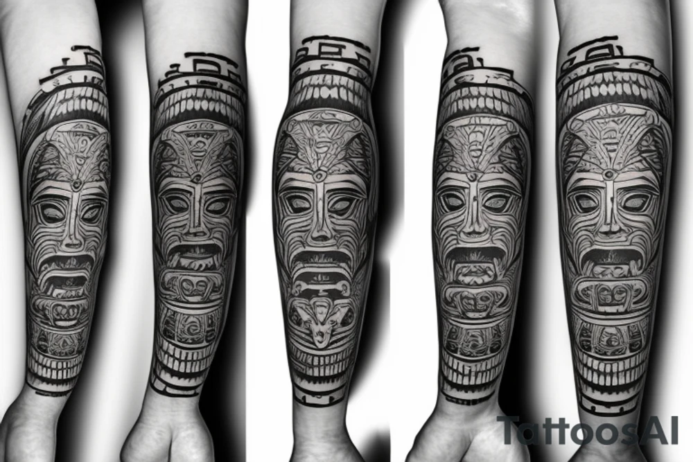 Black totem idol sleeve tattoo idea