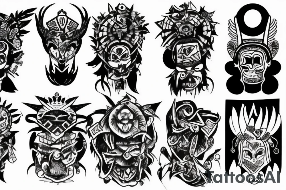 Black totem idol sleeve tattoo idea