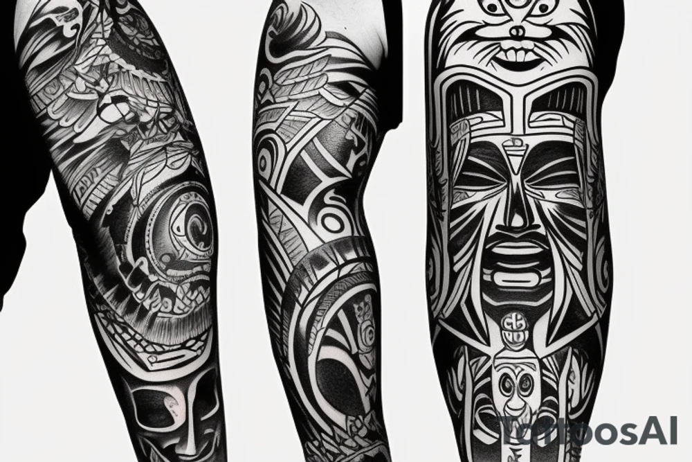 Black totem idol sleeve tattoo idea
