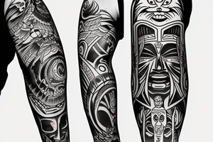 Black totem idol sleeve tattoo idea
