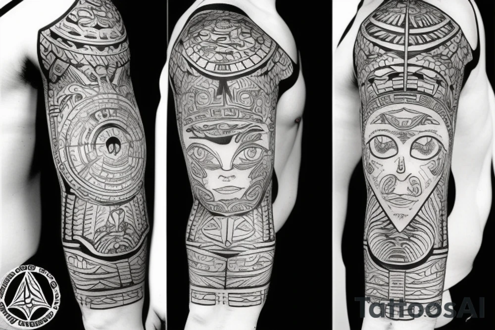 Black totem idol sleeve tattoo idea