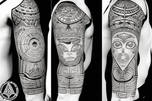 Black totem idol sleeve tattoo idea