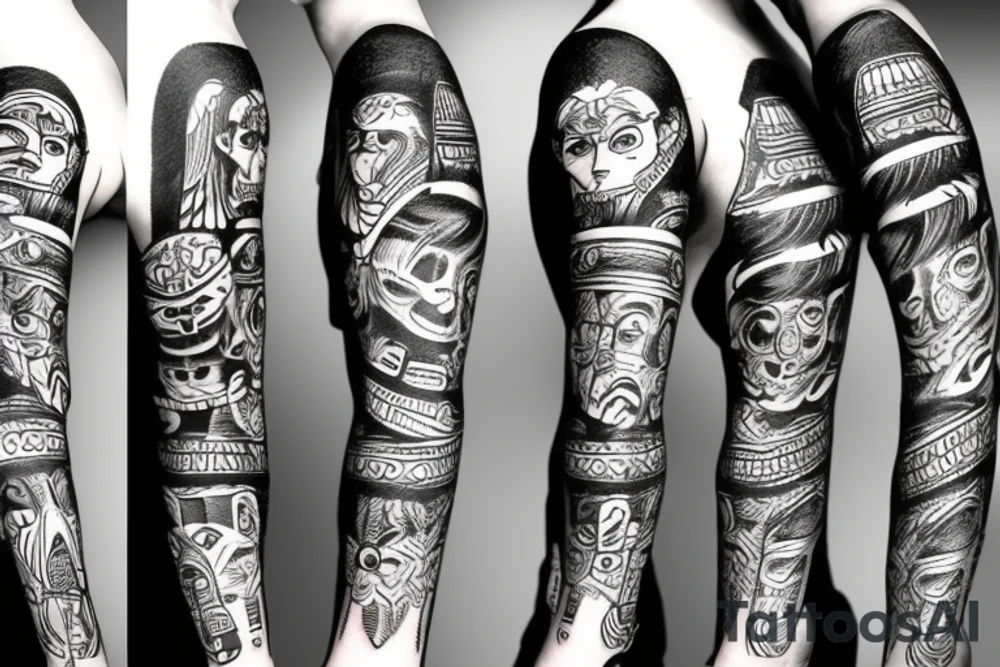 Black totem idol sleeve tattoo idea