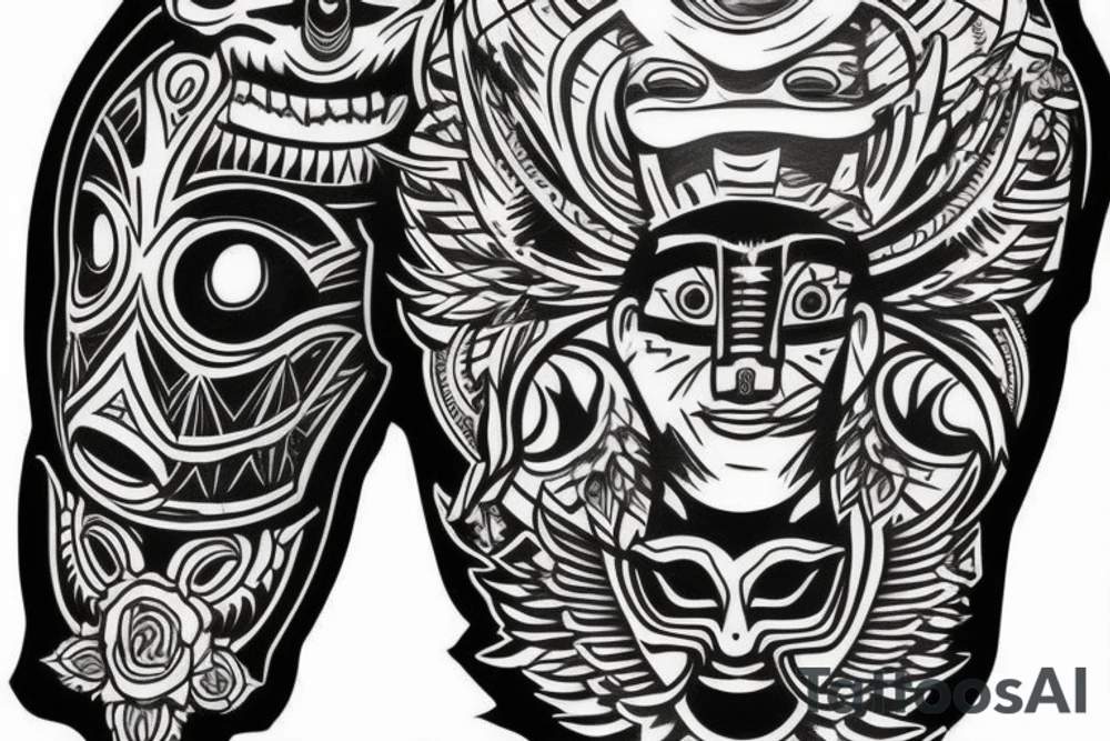 Black totem idol sleeve tattoo idea