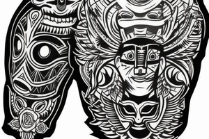 Black totem idol sleeve tattoo idea