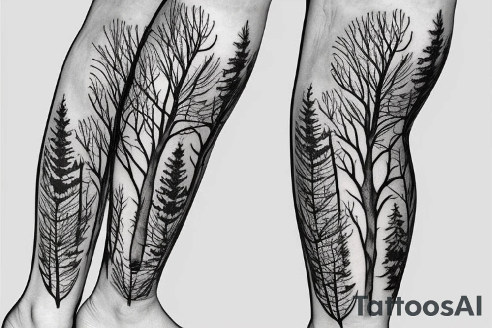 nature based with trees leg sleeve tattoo idea